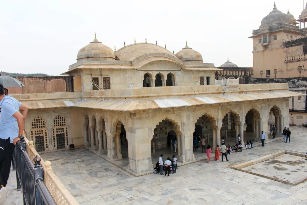 A courtyard and palace buildings inside Amer Fort near Jaipur