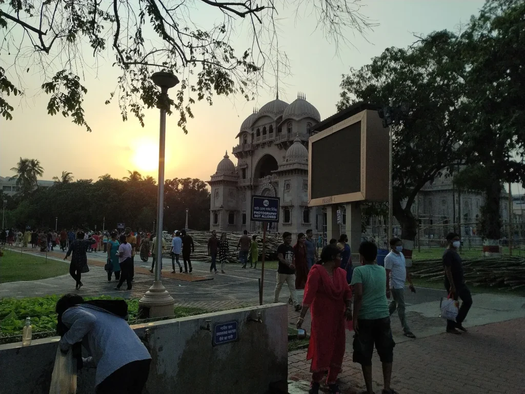Belur Math main temple at sunset with lawns in front