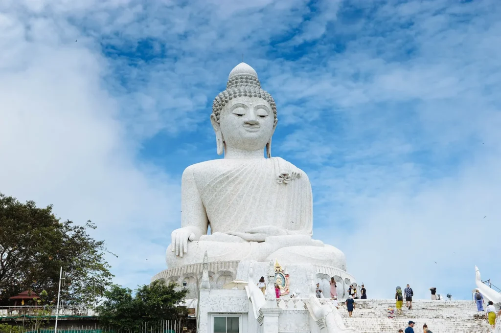 The large white marble Big Buddha statue on a hilltop in Phuket