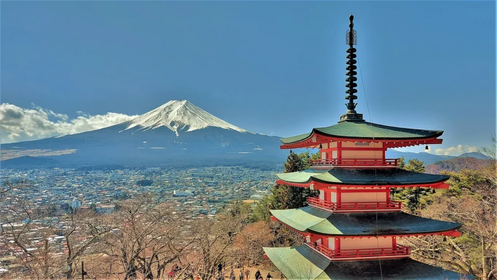 The five-storey Chureito Pagoda with snow-capped Mount Fuji behind it