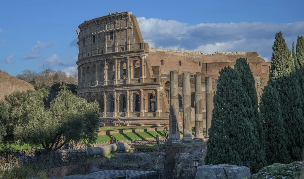 Ruins of the Roman Forum with the Colosseum in the background