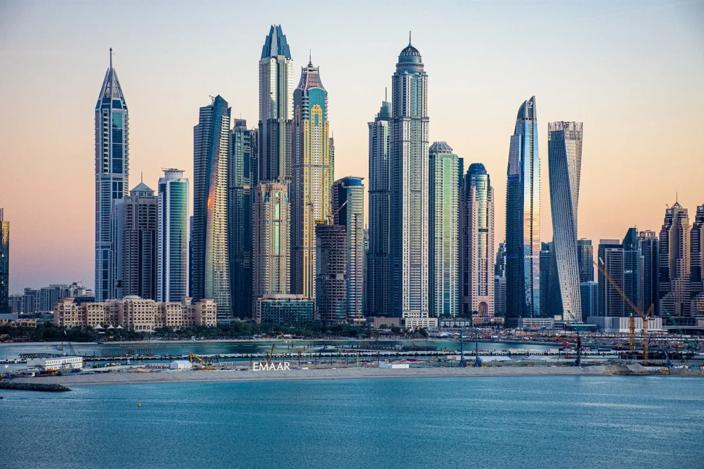 High-rise towers along the water at Dubai Marina