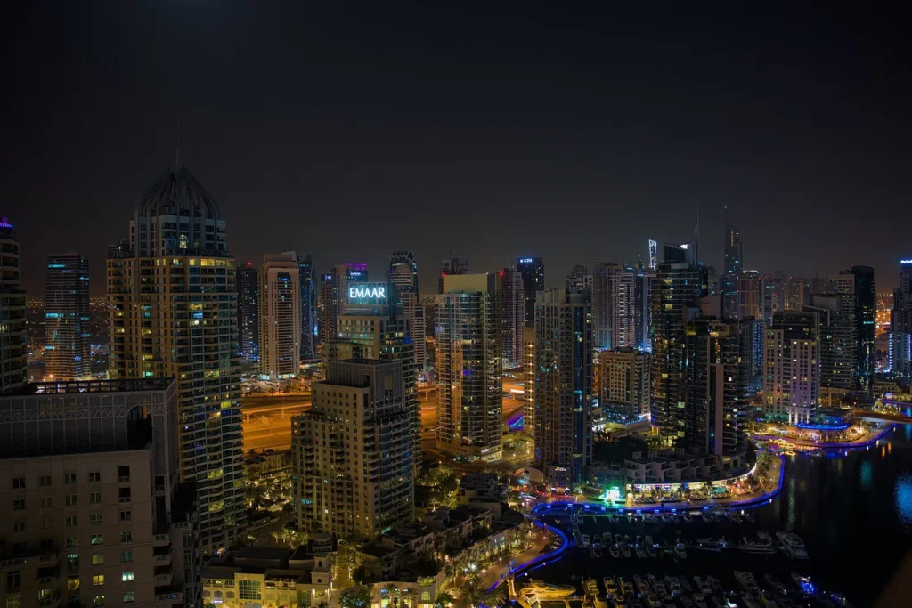 Lit-up towers at Dubai Marina at night