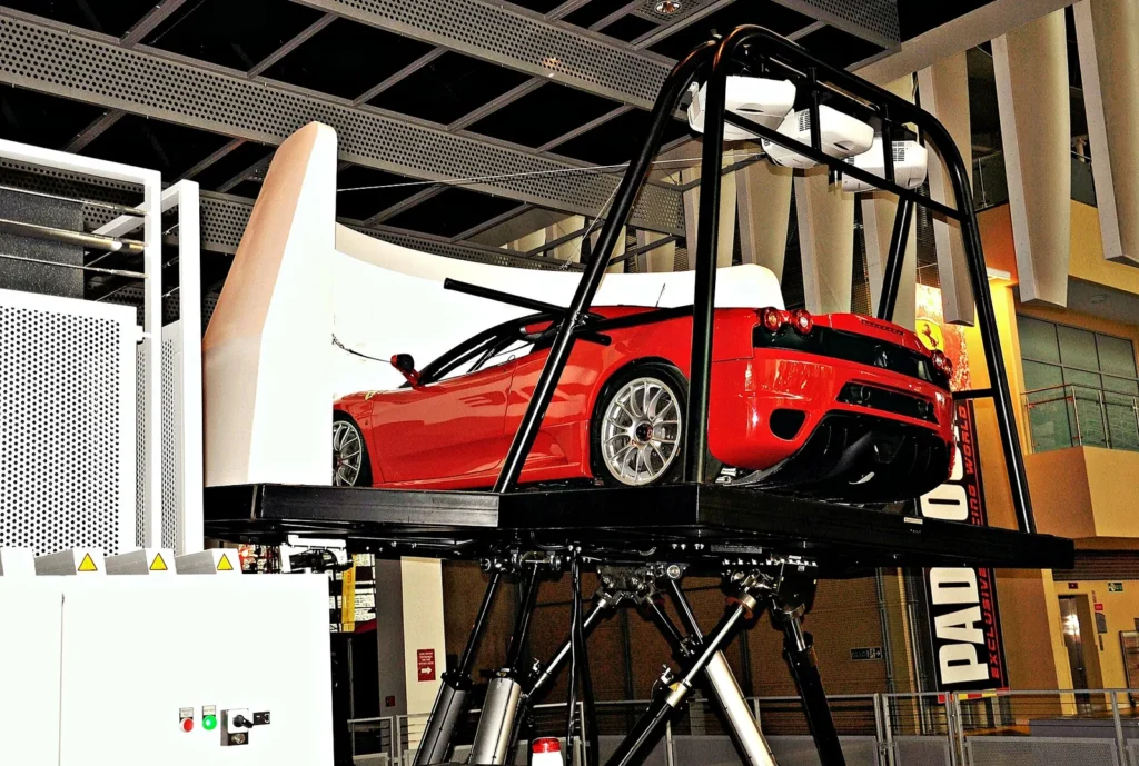A red Ferrari racing car on display inside Ferrari World Abu Dhabi