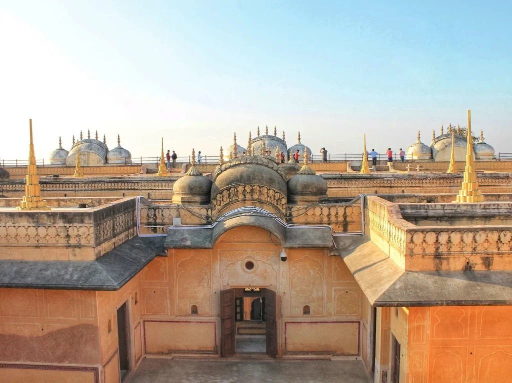 Ochre courtyard facade of Madhavendra Bhawan palace inside Nahargarh Fort