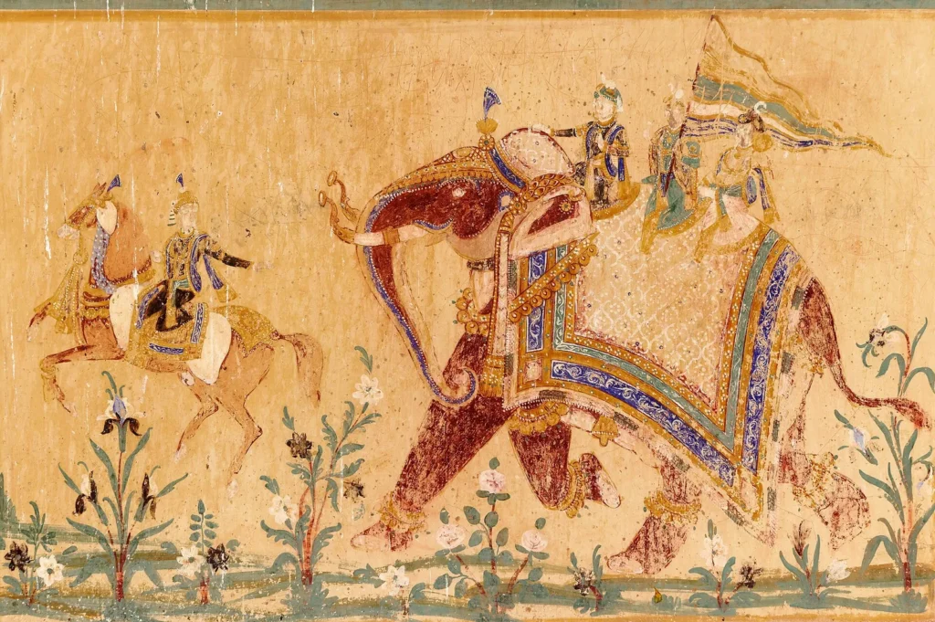 Painted wall mural in Nahargarh Fort showing riders on an elephant and horses