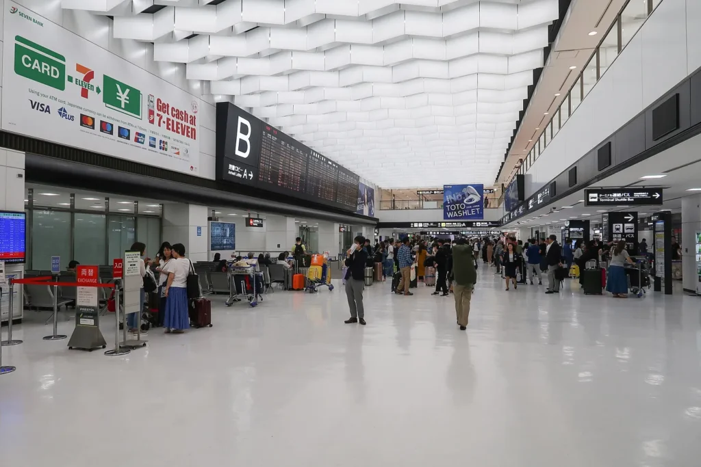 Arrival hall at Narita Airport Terminal 2 with signs and seating