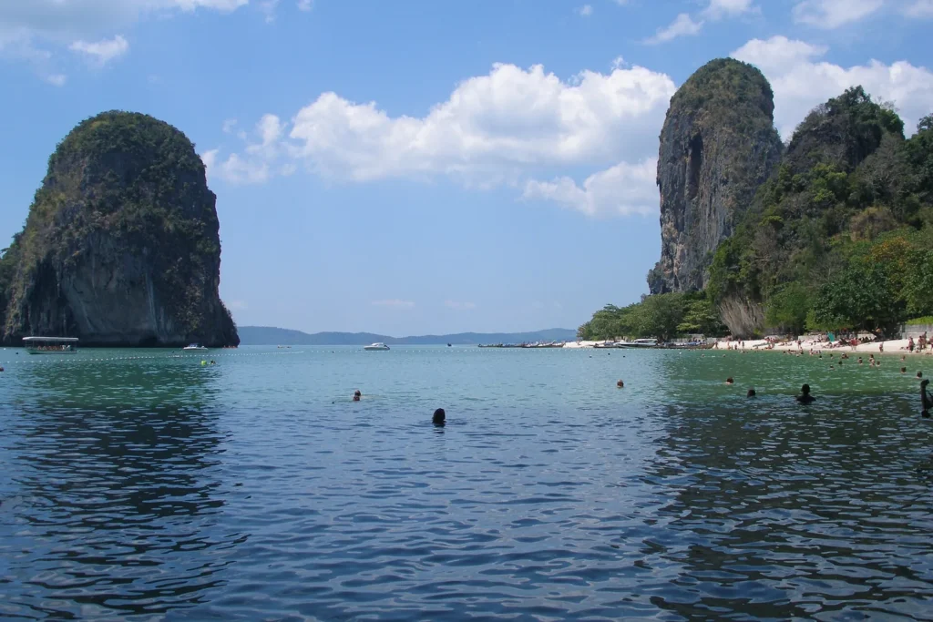 Limestone cliffs rising from turquoise water at Railay in Krabi province, Thailand