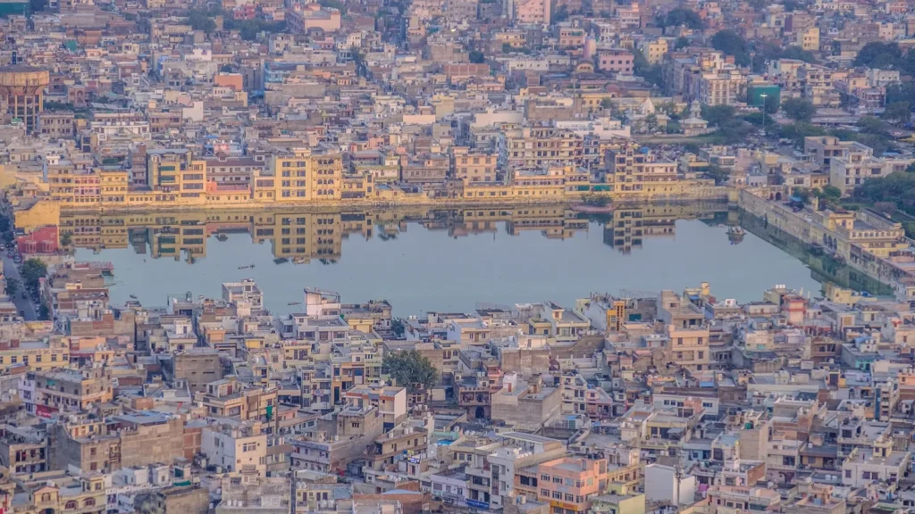Talkatora lake in Jaipur's old city seen from the hills on the road to Nahargarh Fort