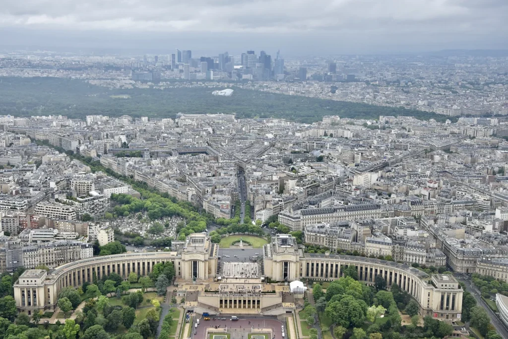 The Trocadero gardens and Palais de Chaillot seen from high on the Eiffel Tower