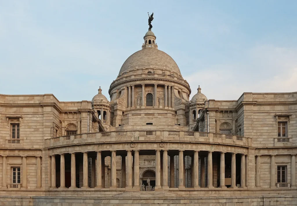 White marble Victoria Memorial in Kolkata with its central dome and gardens