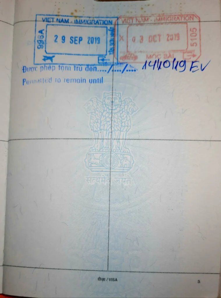 Vietnam immigration entry and exit stamps on a page of an Indian passport