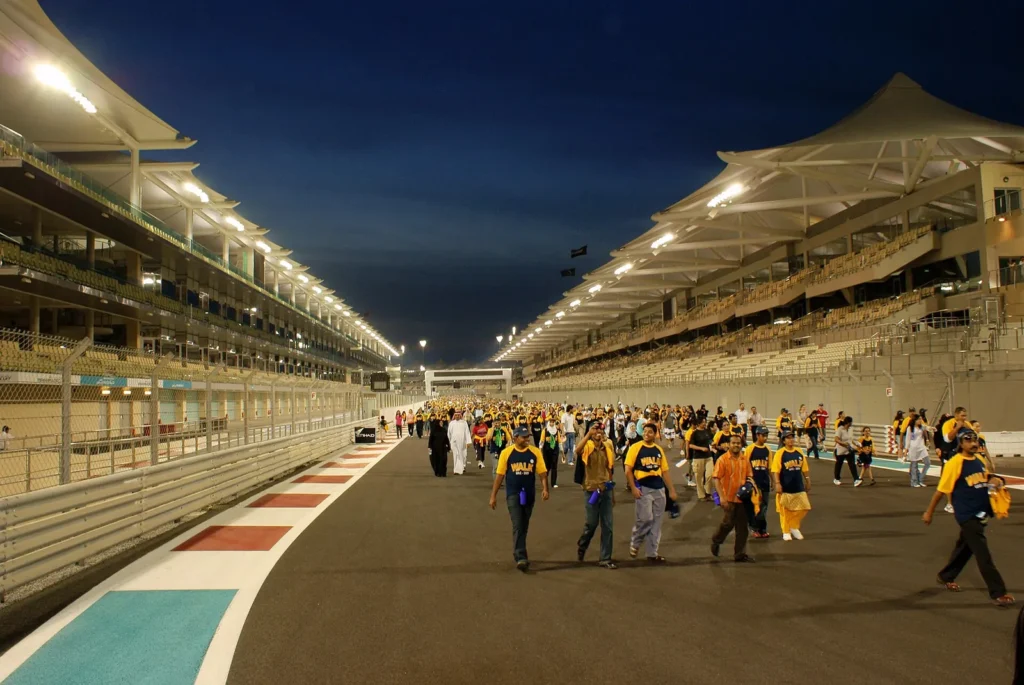 The grandstand and track at Yas Marina Circuit on Yas Island