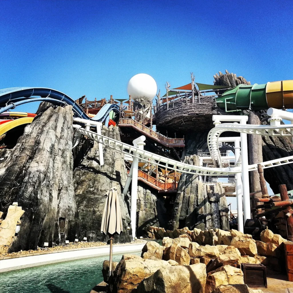 Themed buildings and rides at Yas Waterworld on Yas Island